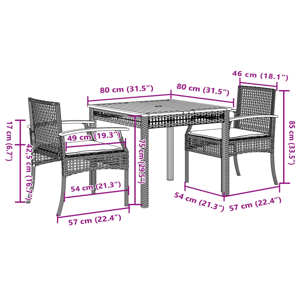 3 Piece Garden Dining Set with Cushions Black Poly Rattan