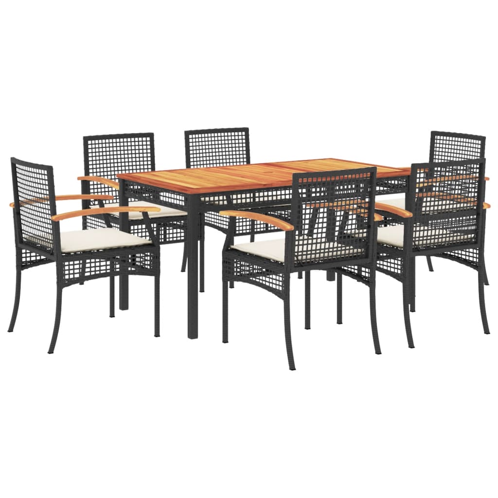 7 Piece Garden Dining Set with Cushions Black Poly Rattan