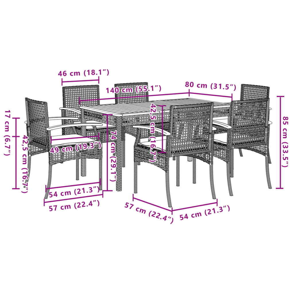 7 Piece Garden Dining Set with Cushions Black Poly Rattan