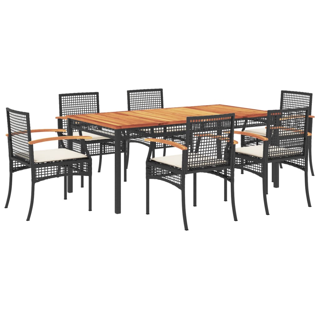 7 Piece Garden Dining Set with Cushions Black Poly Rattan