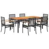 7 Piece Garden Dining Set with Cushions Black Poly Rattan