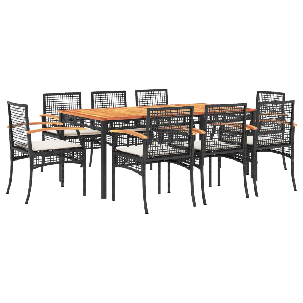 9 Piece Garden Dining Set with Cushions Black Poly Rattan