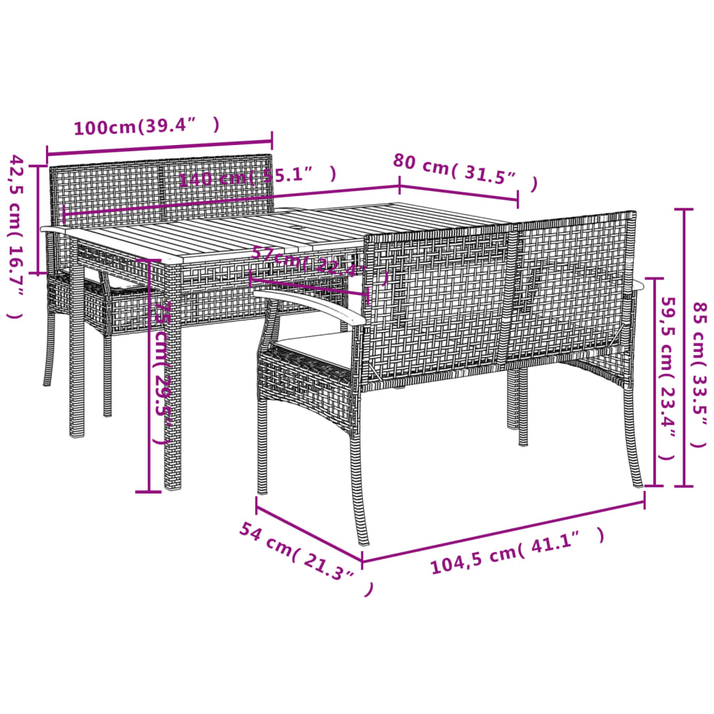 3 Piece Garden Dining Set with Cushions Black Poly Rattan