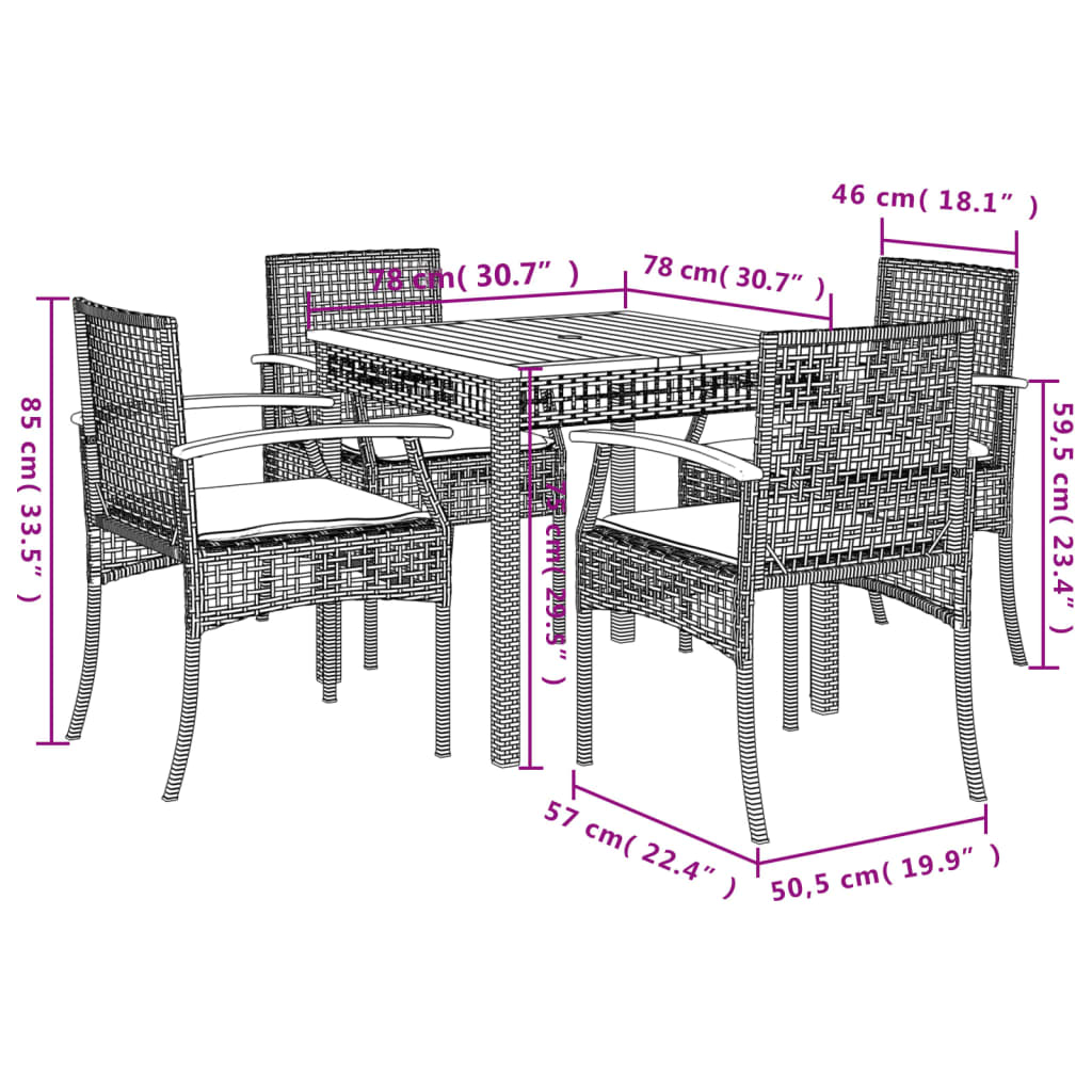 5 Piece Garden Dining Set with Cushions Grey Poly Rattan