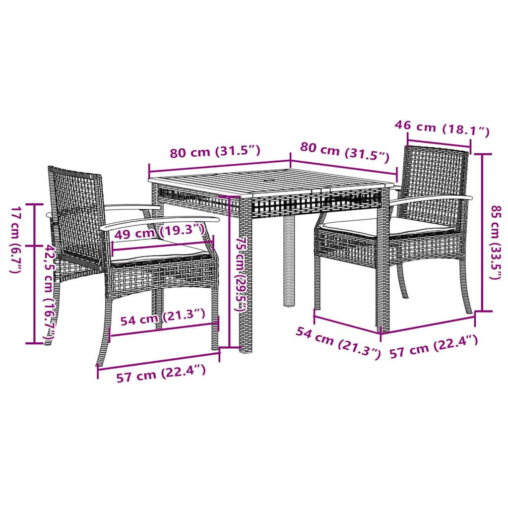 3 Piece Garden Dining Set with Cushions Beige Poly Rattan