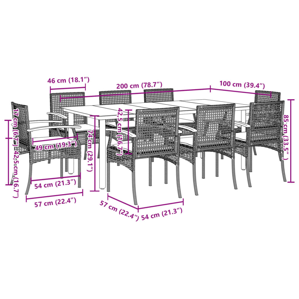 9 Piece Garden Dining Set with Cushions Black Poly Rattan