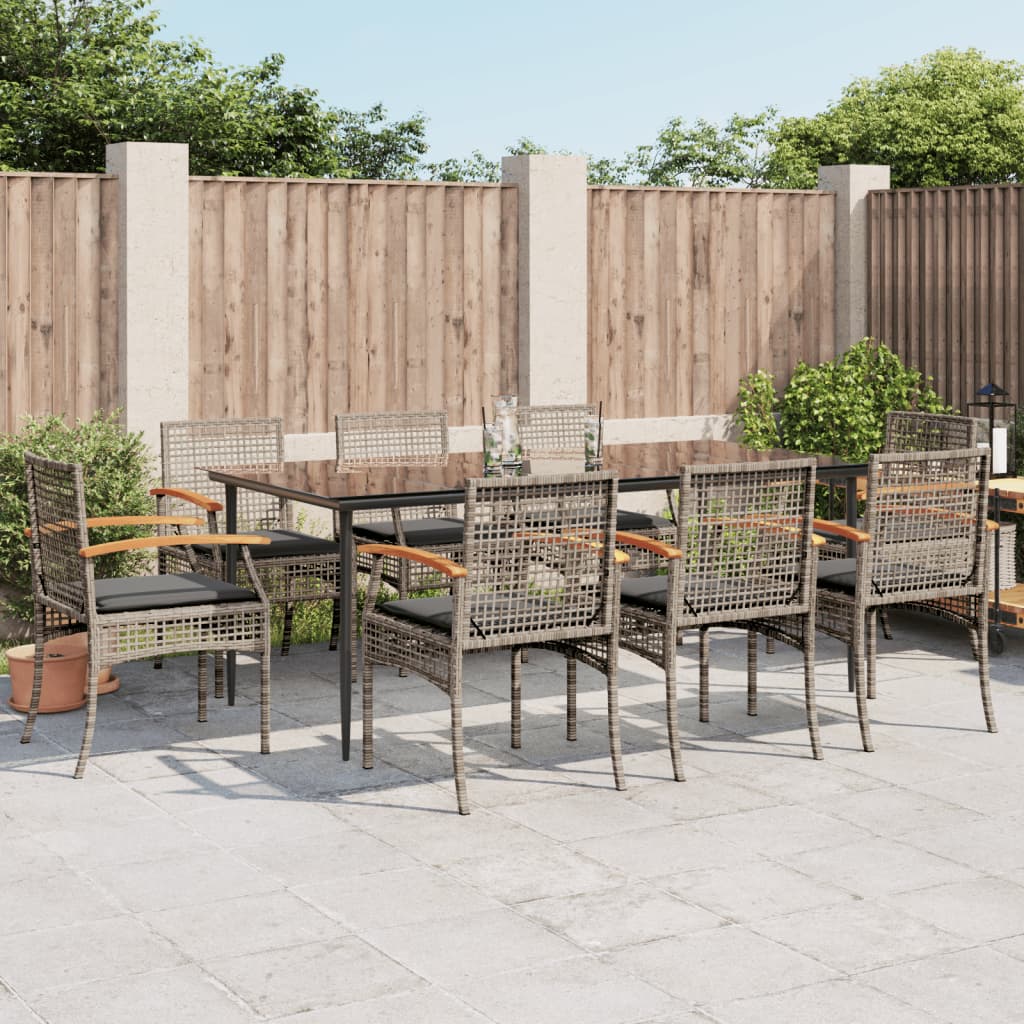 9 Piece Garden Dining Set with Cushions Grey Poly Rattan