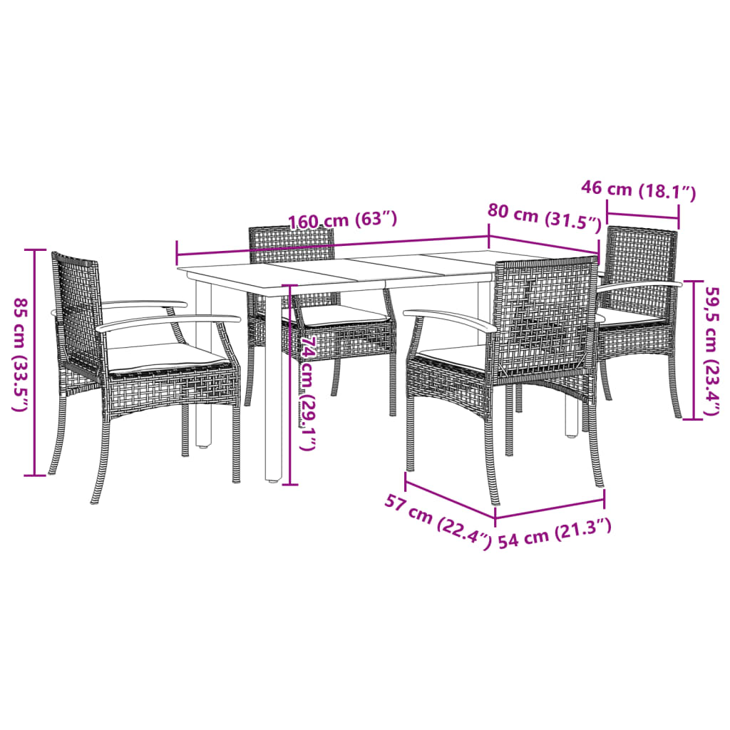 5 Piece Garden Dining Set with Cushions Grey Poly Rattan