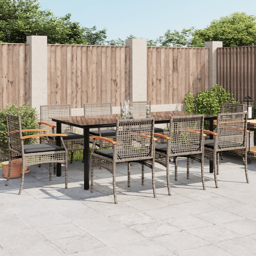 9 Piece Garden Dining Set with Cushions Grey Poly Rattan