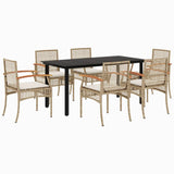 7 Piece Garden Dining Set with Cushions Beige Poly Rattan