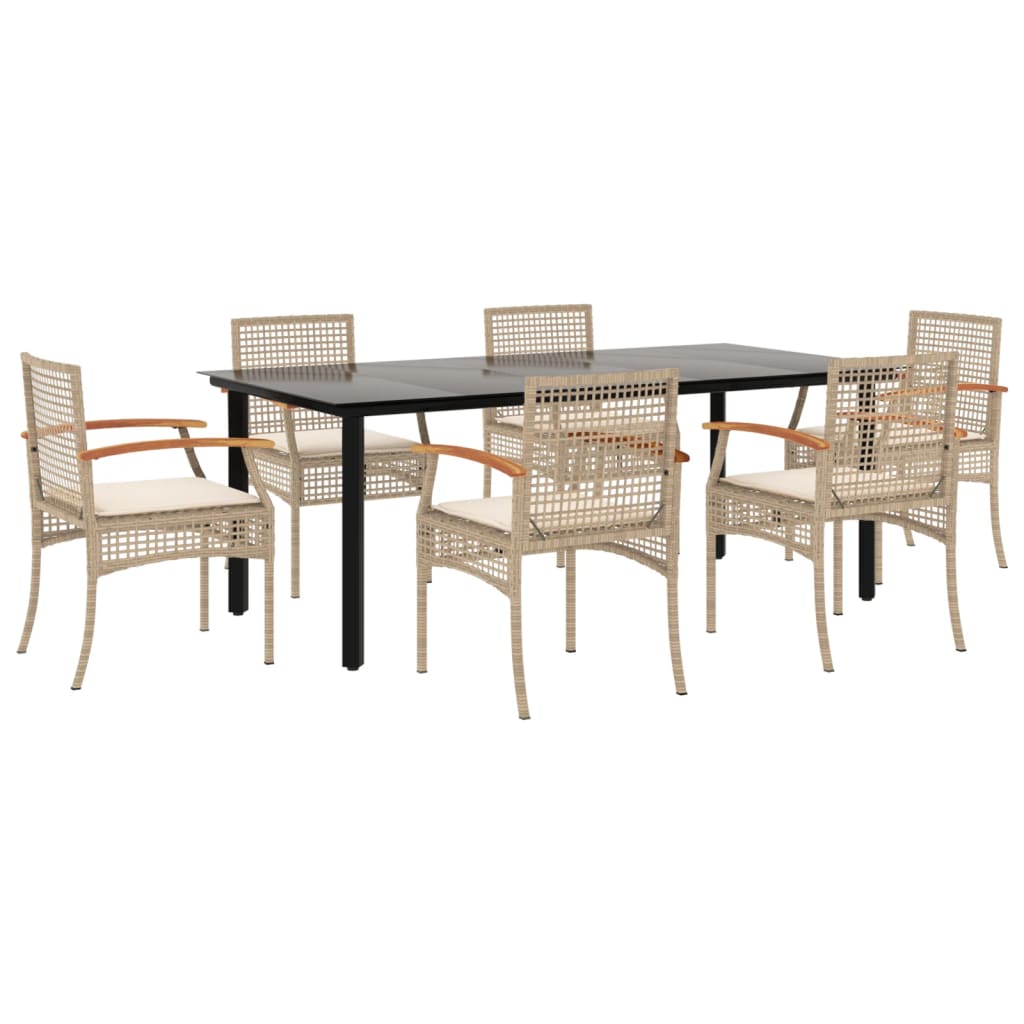 7 Piece Garden Dining Set with Cushions Beige Poly Rattan