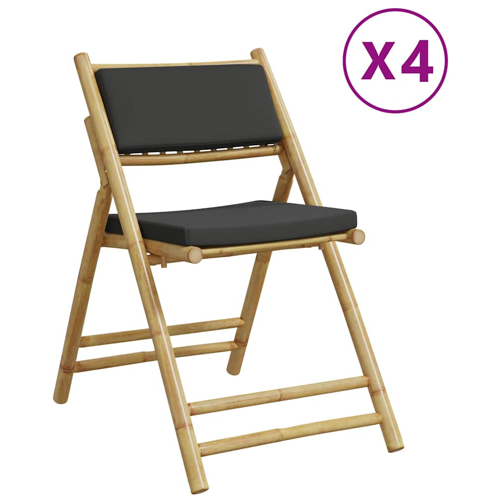 vidaXL 4 Piece Folding Bistro Chairs with Dark Grey Cushions Bamboo