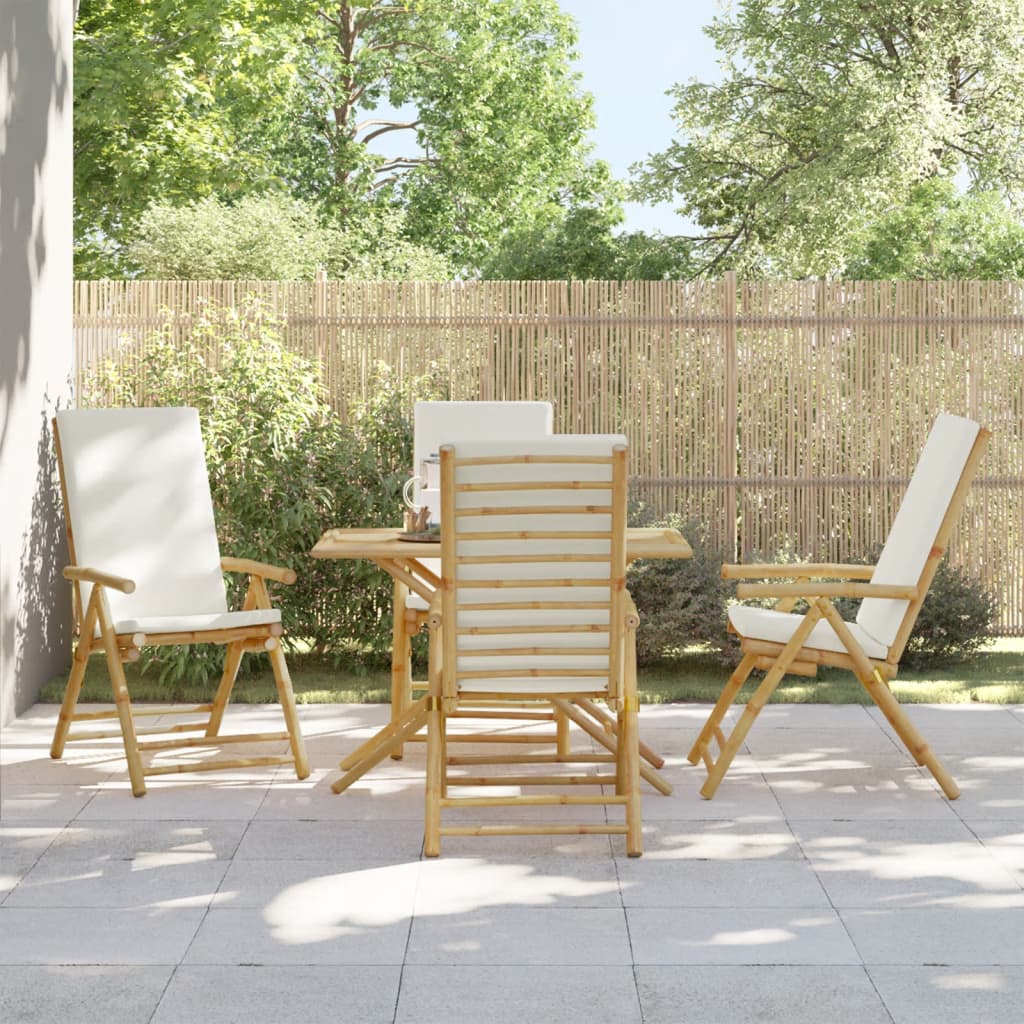 4 Piece Folding Reclining Chairs with Cream White Cushions Bamboo