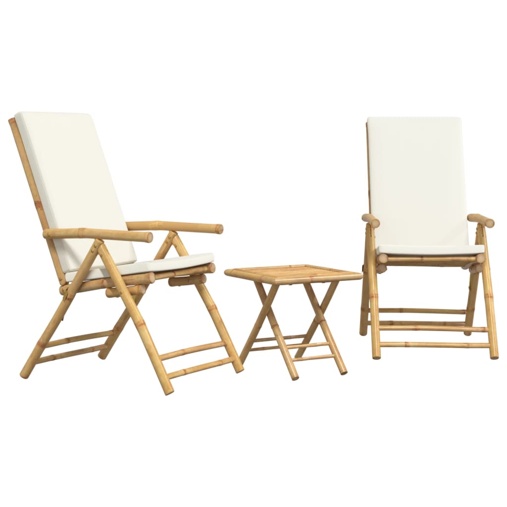 3 Piece Folding Bistro set with Cream White Cushions Bamboo