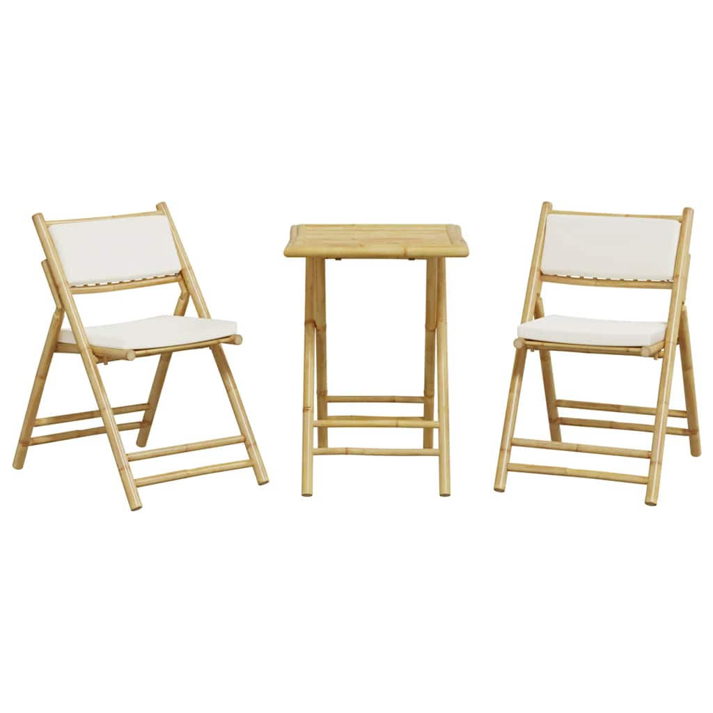 3 Piece Folding Bistro set with Cream White Cushions Bamboo