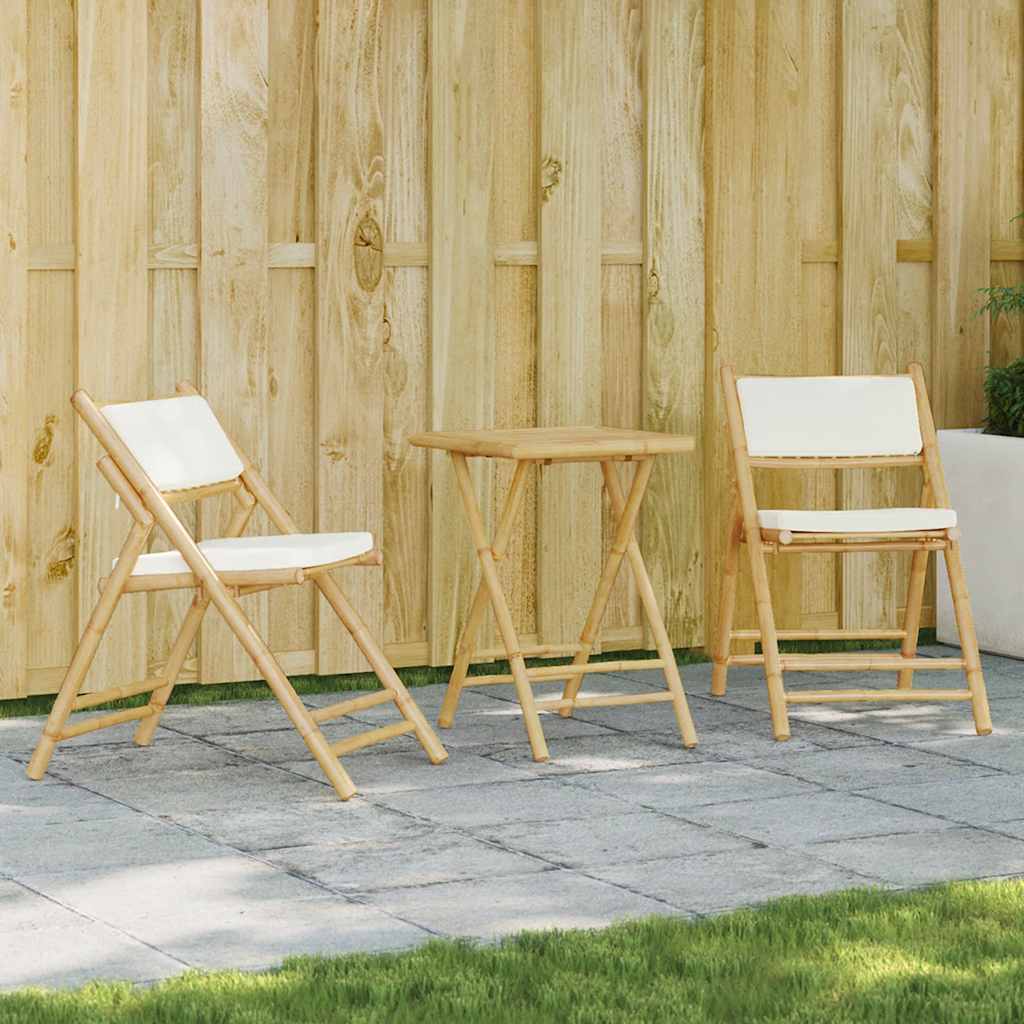 3 Piece Folding Bistro set with Cream White Cushions Bamboo