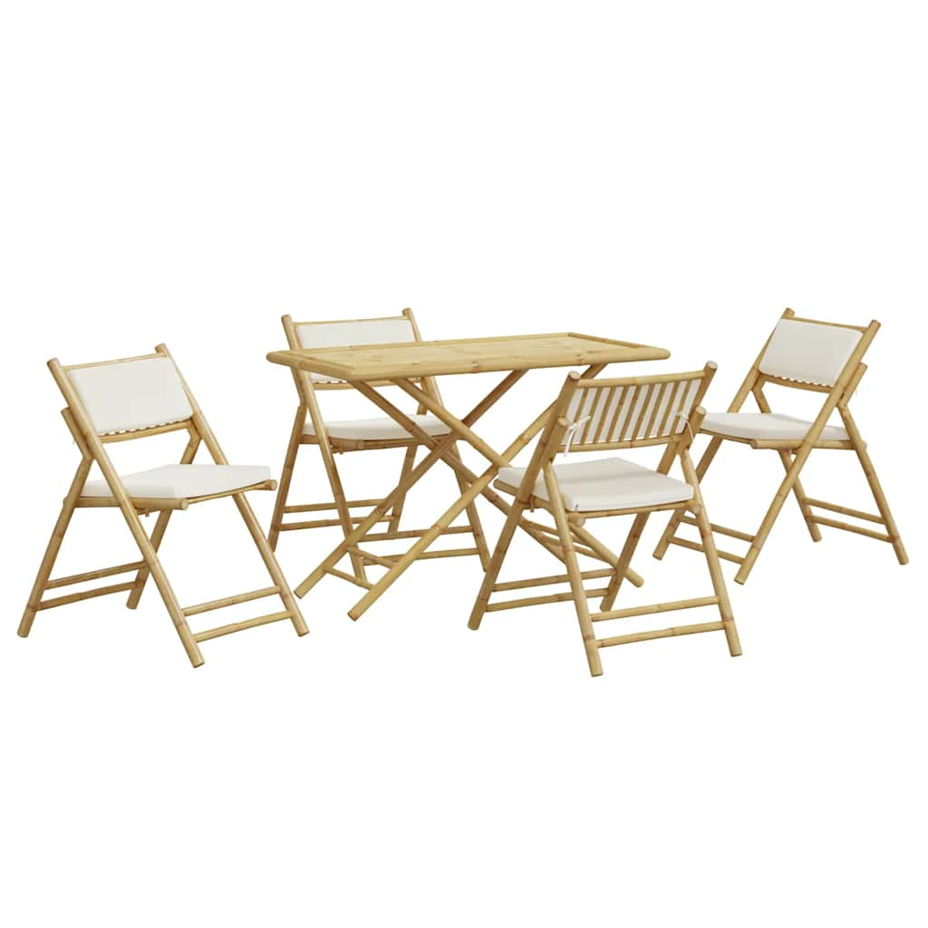 5 Piece Folding Bistro set with Cream White Cushions Bamboo