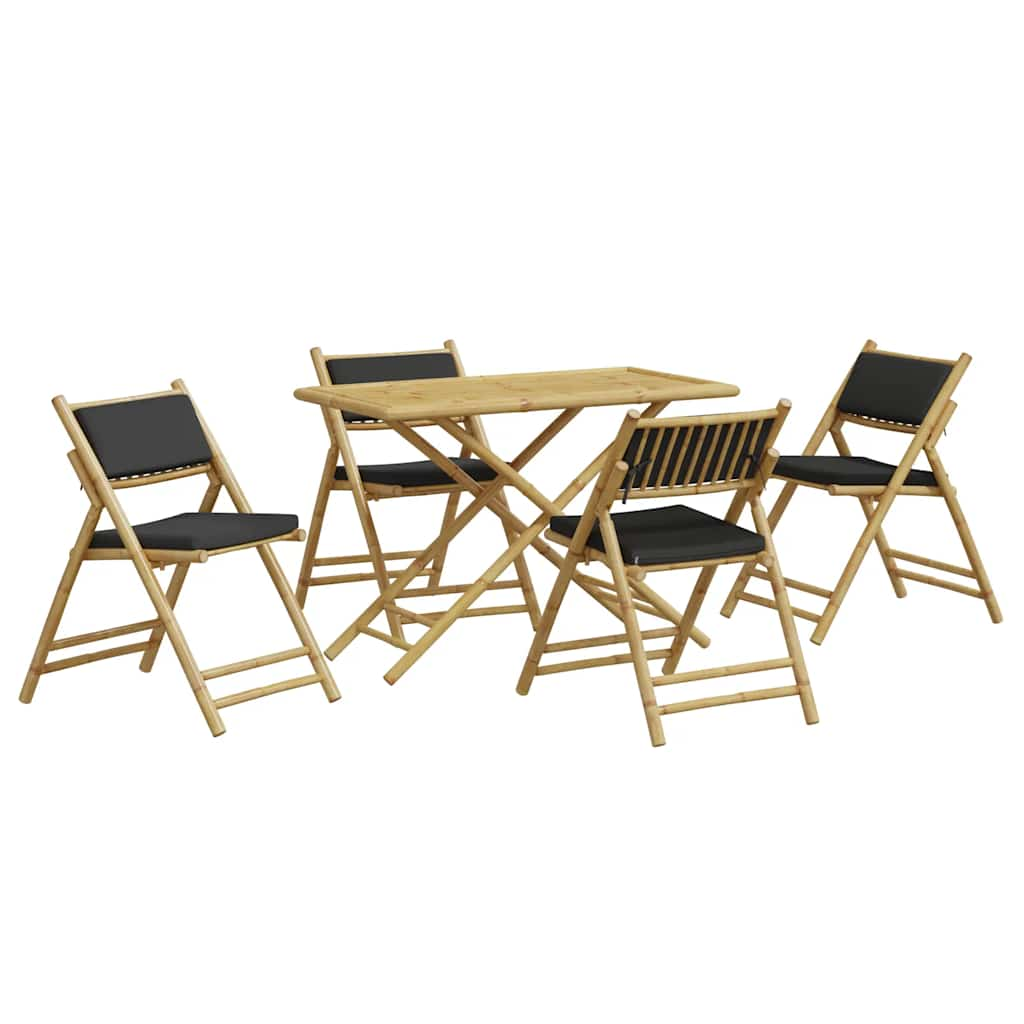 5 Piece Folding Bistro set with Dark Grey Cushions Bamboo