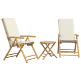 3 Piece Folding Bistro set with Cream White Cushions Bamboo