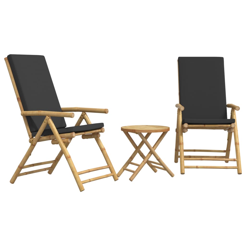 3 Piece Folding Bistro set with Dark Grey Cushions Bamboo