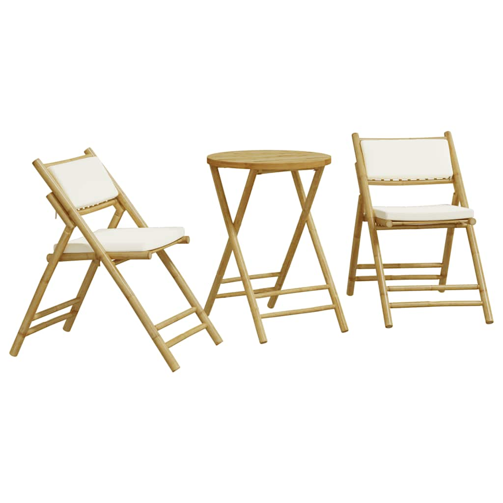 3 Piece Folding Bistro set with Cream White Cushions Bamboo