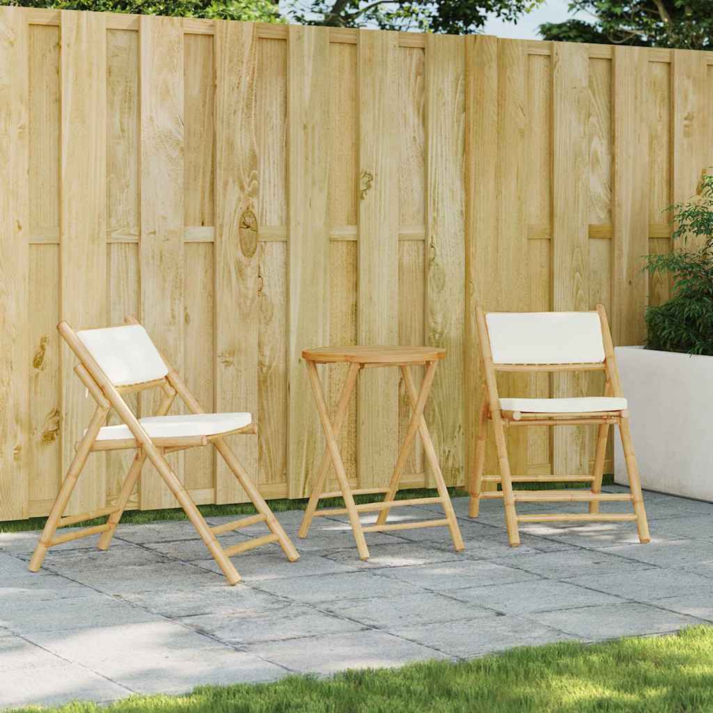 3 Piece Folding Bistro set with Cream White Cushions Bamboo