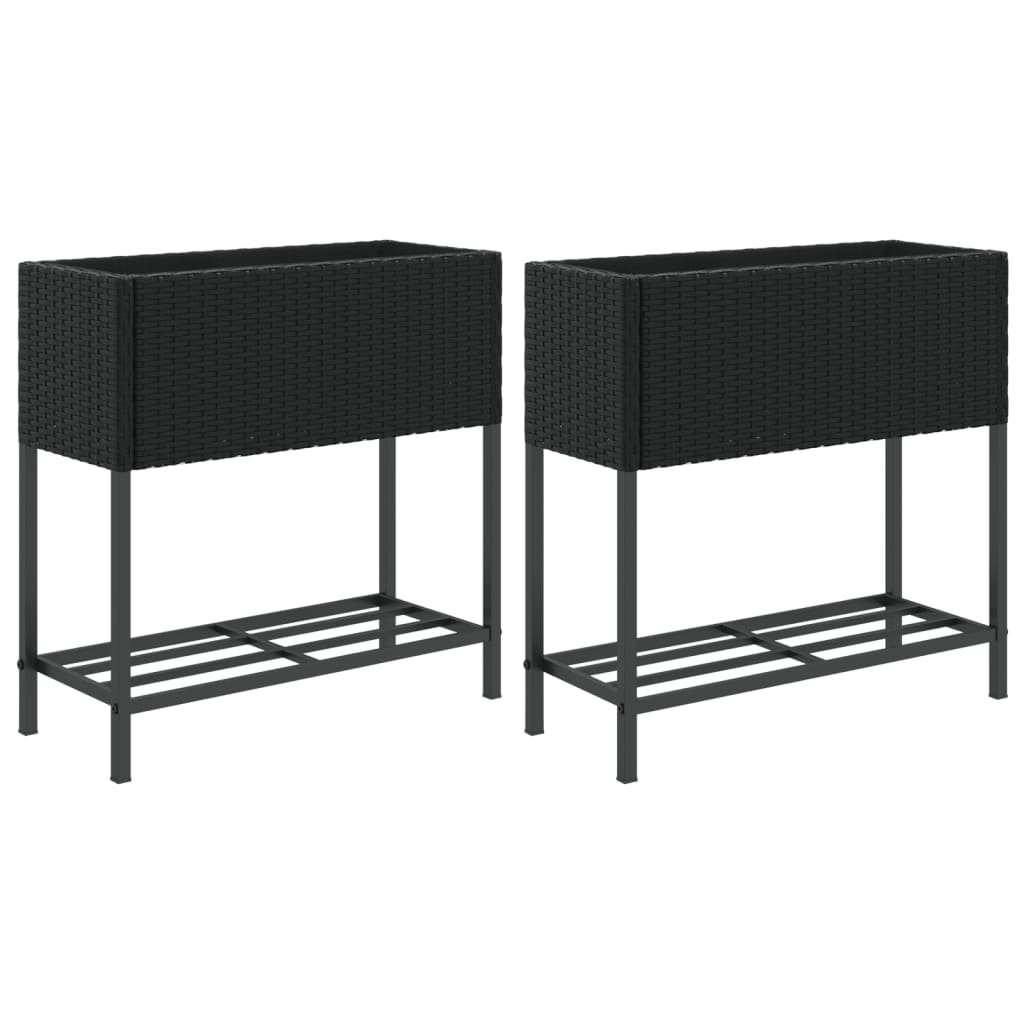Garden Planters with Shelf 2 pcs Black 70x28x70 cm Poly Rattan