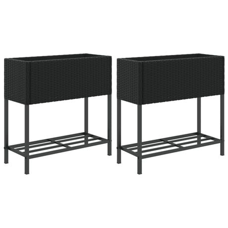 Garden Planters with Shelf 2 pcs Black 70x28x70 cm Poly Rattan