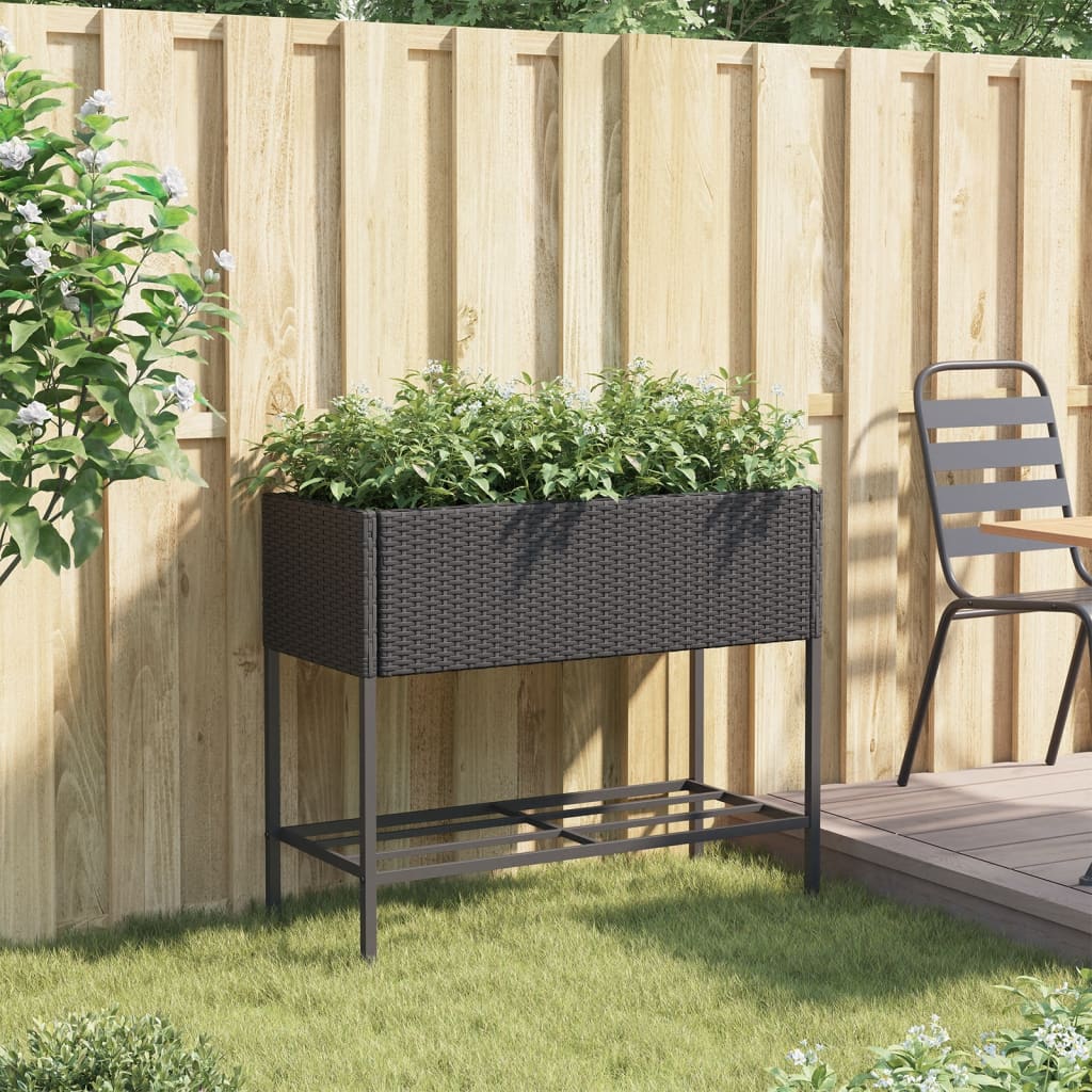 Garden Planter with Shelf Black Poly Rattan