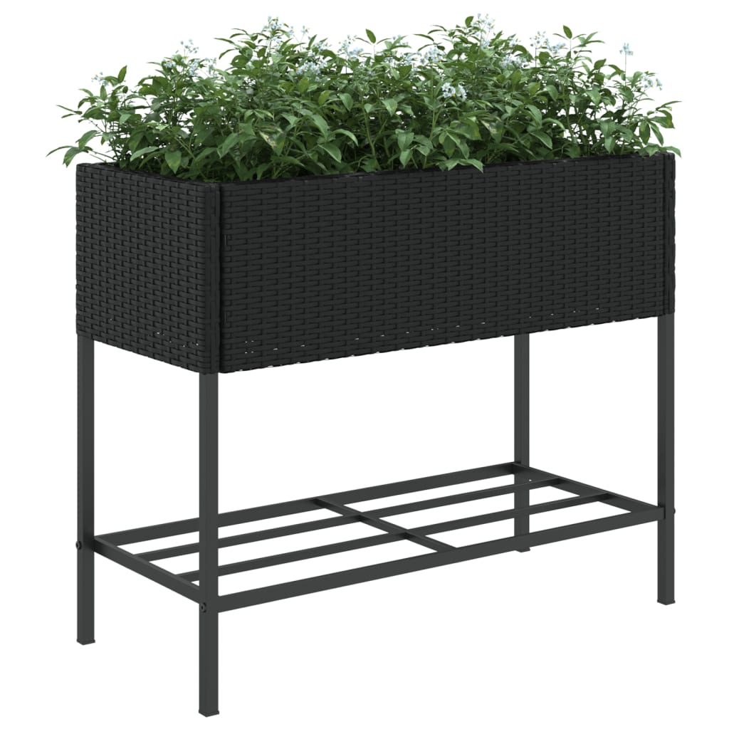 Garden Planter with Shelf Black Poly Rattan