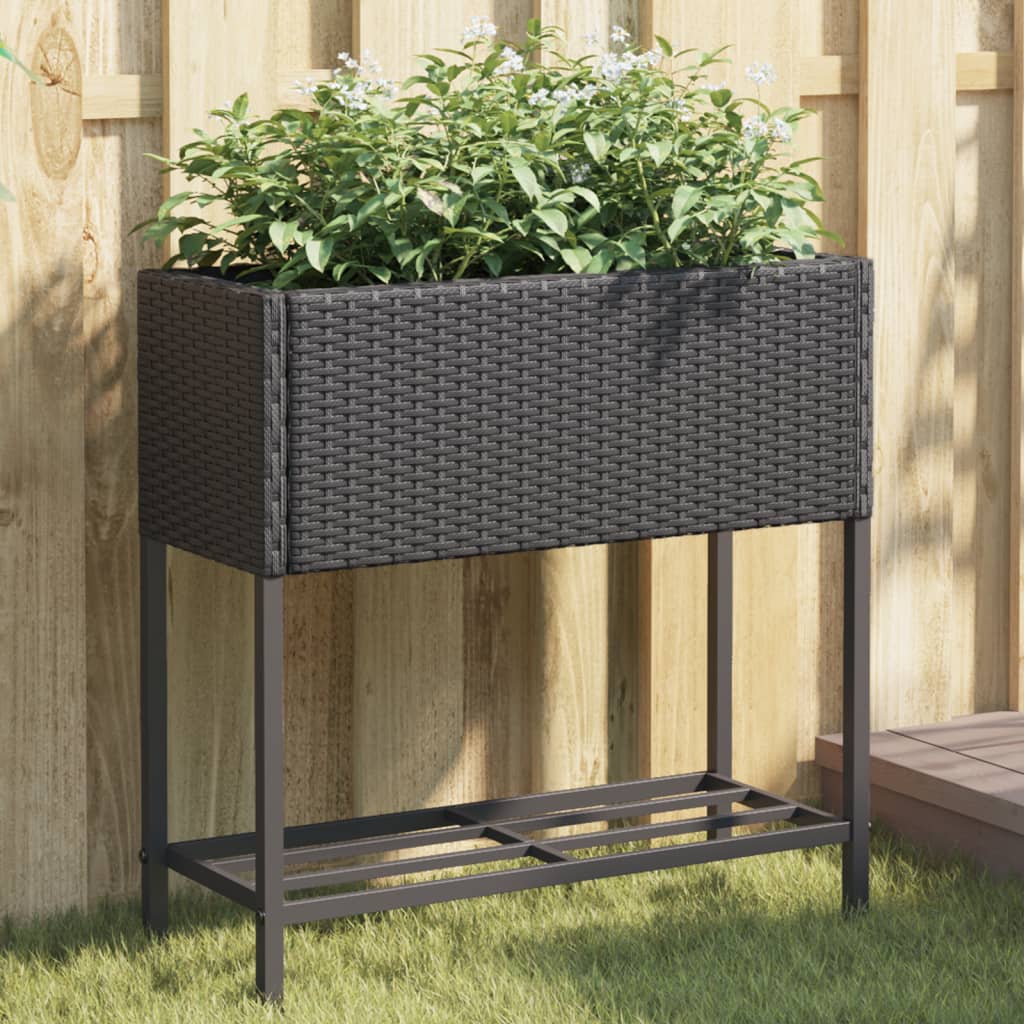 Garden Planter with Shelf Black Poly Rattan