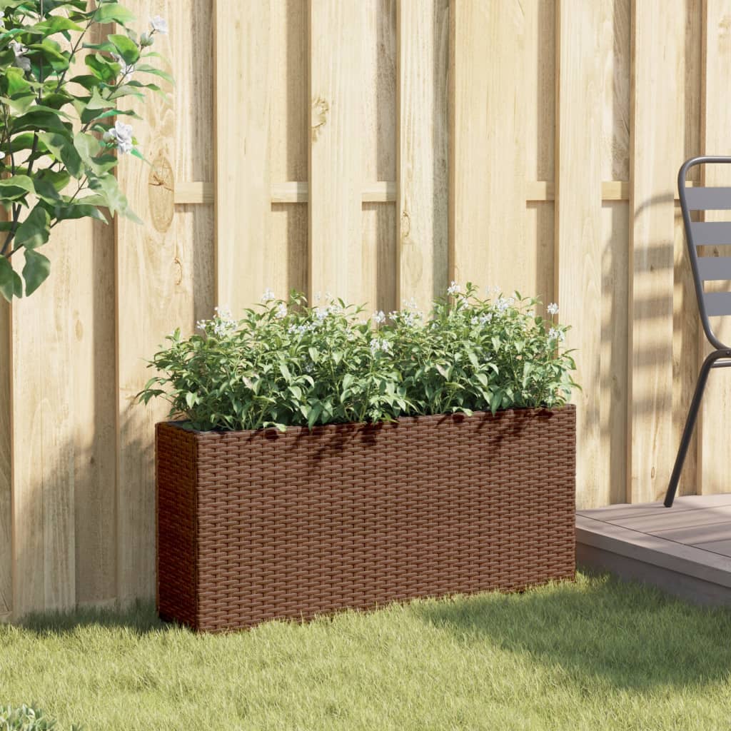 Garden Planter with 2 Pots Brown 90x20x40 cm Poly Rattan