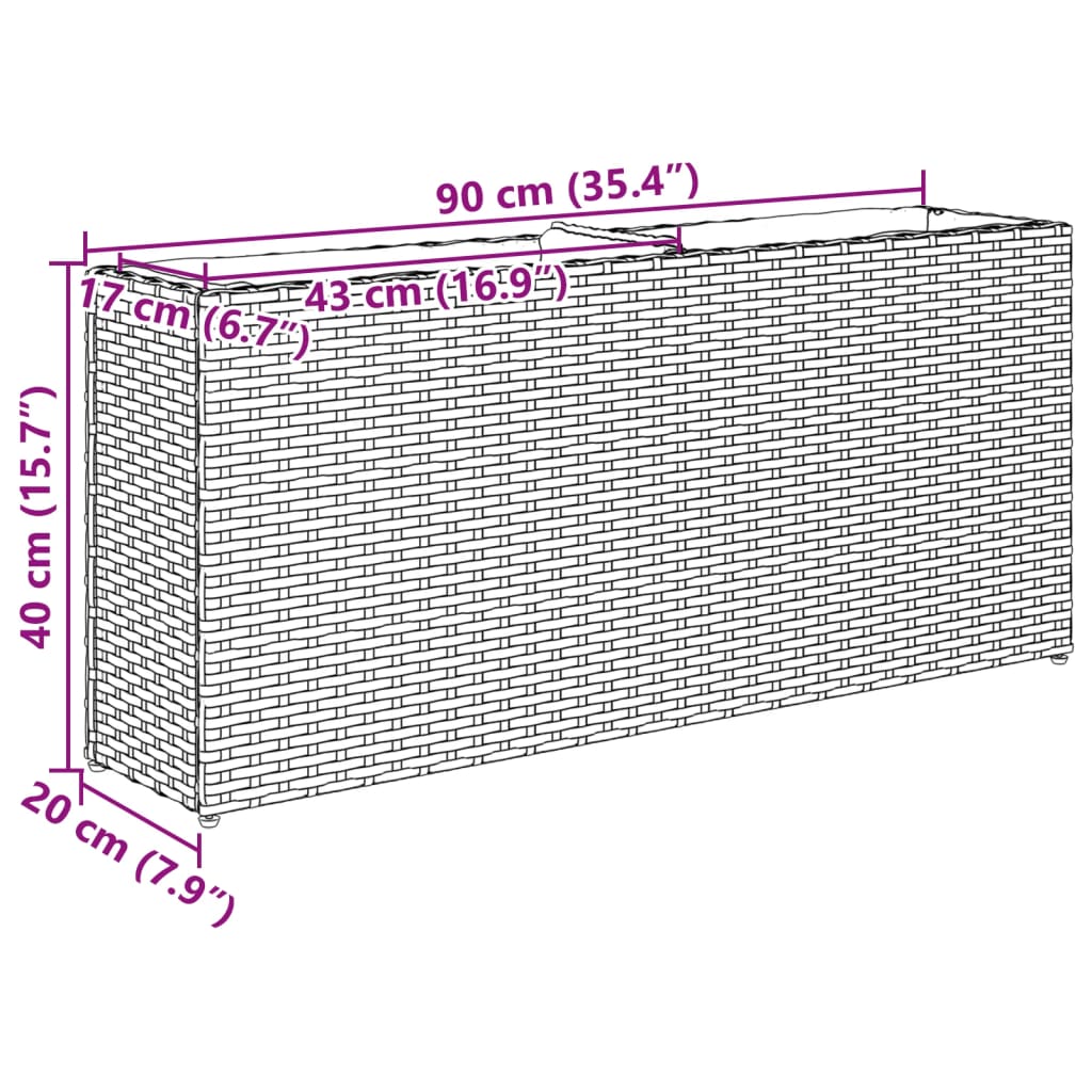 Garden Planter with 2 Pots Grey 90x20x40 cm Poly Rattan
