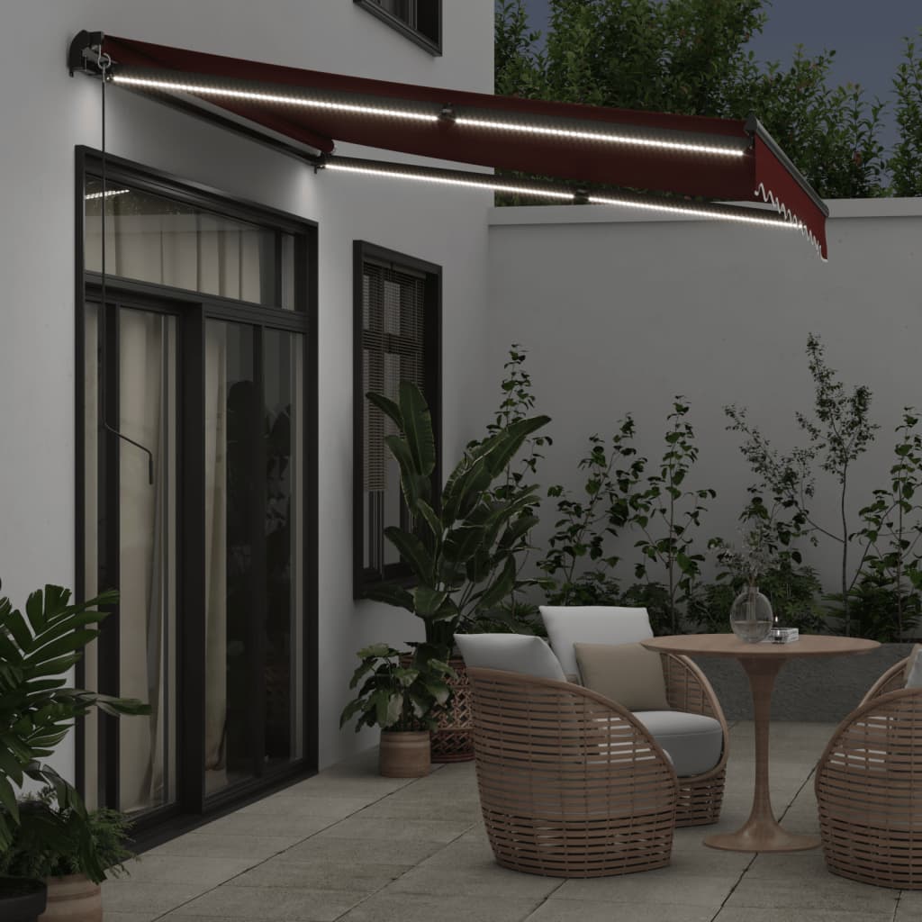 Manual Retractable Awning with LEDs Burgundy 300x250 cm