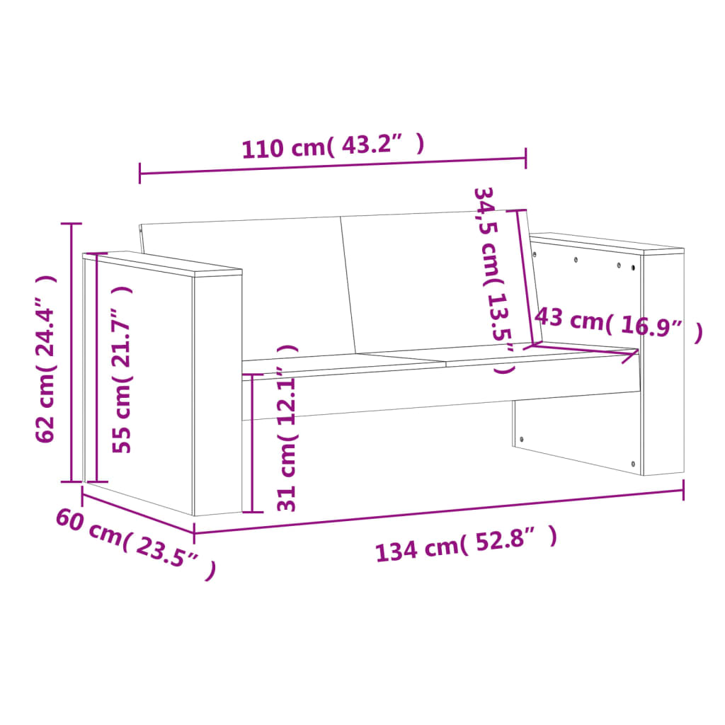 Garden Sofa 2-Seater White 134x60x62 cm Solid Wood Pine