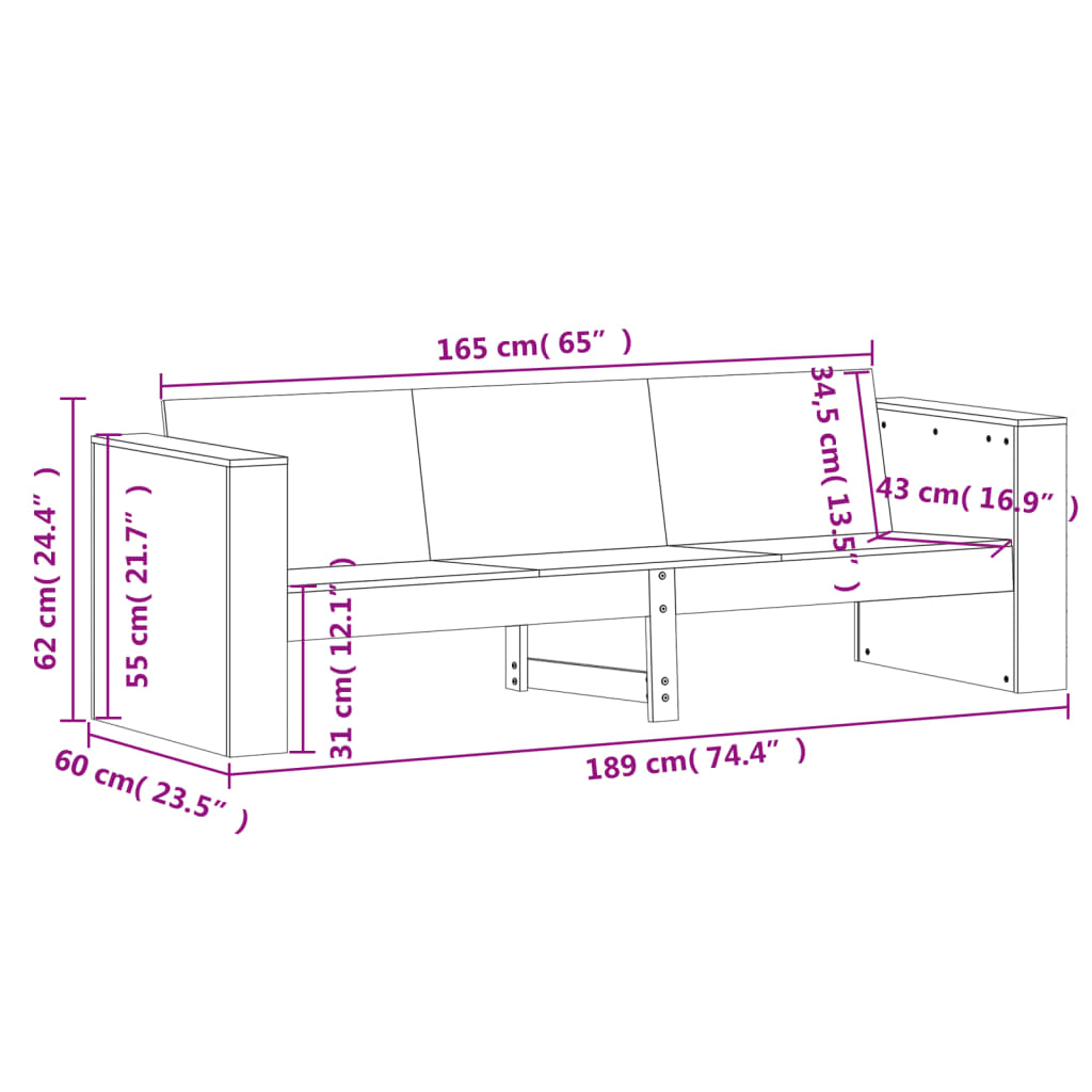 Garden Sofa 3-Seater 189x60x62 cm Solid Wood Douglas