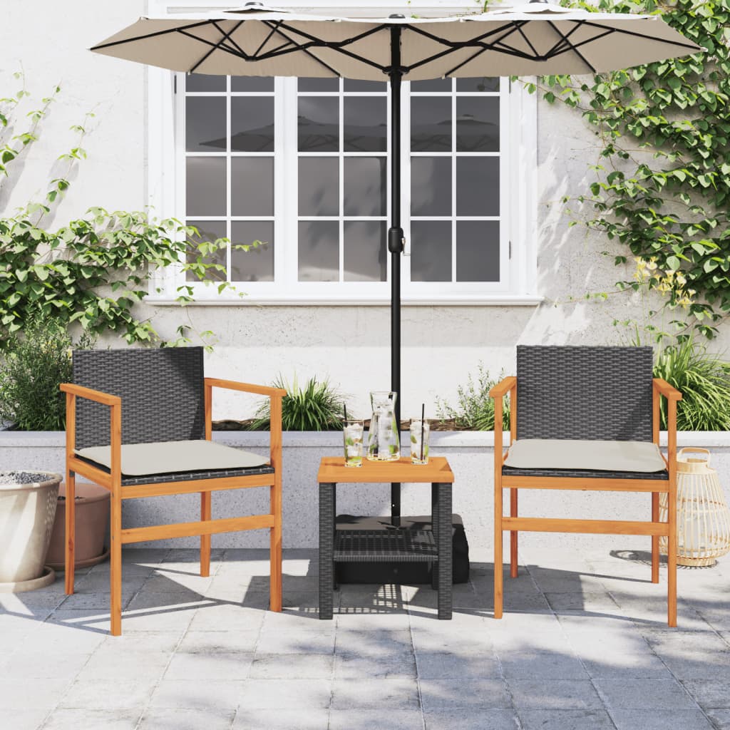 Garden Chairs with Cushions 2 pcs Black Poly Rattan&Solid Wood