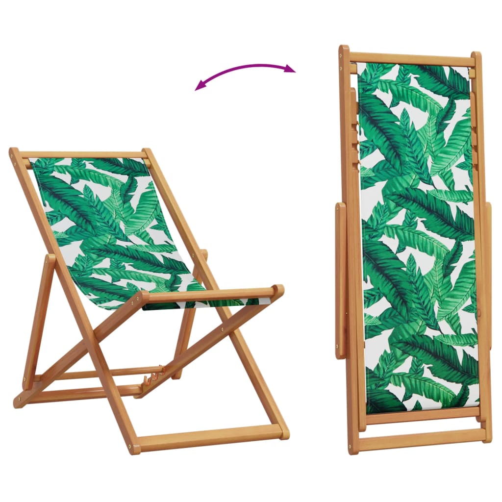 Folding Beach Chair Leaf Pattern Solid Wood Eucalyptus and Fabric