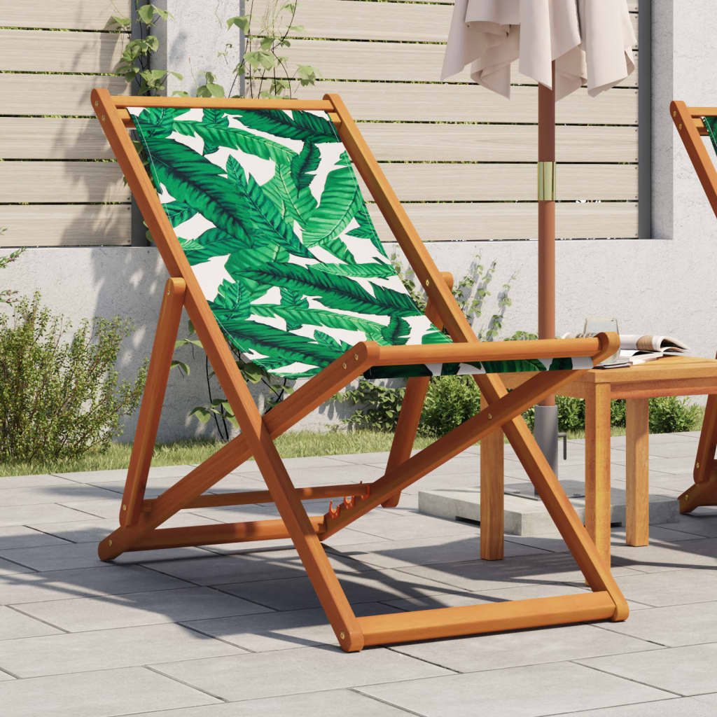 Folding Beach Chair Leaf Pattern Solid Wood Eucalyptus and Fabric