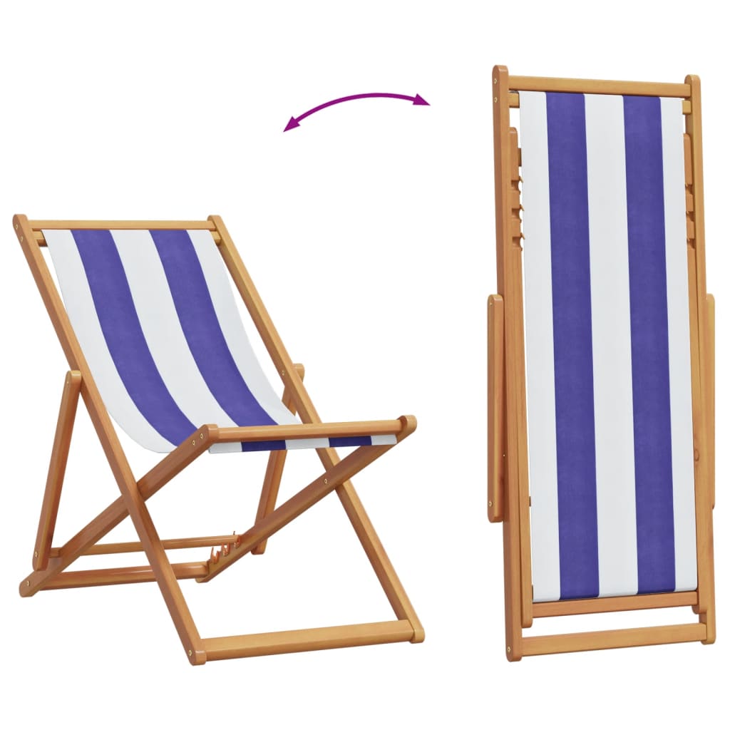 Folding Beach Chair Blue and White Solid Wood Eucalyptus and Fabric