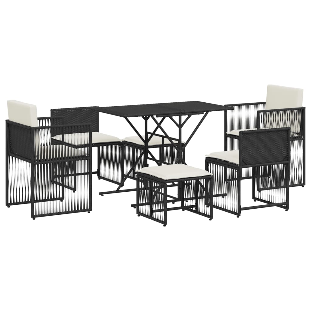 7 Piece Garden Dining Set with Cushions Black Poly Rattan