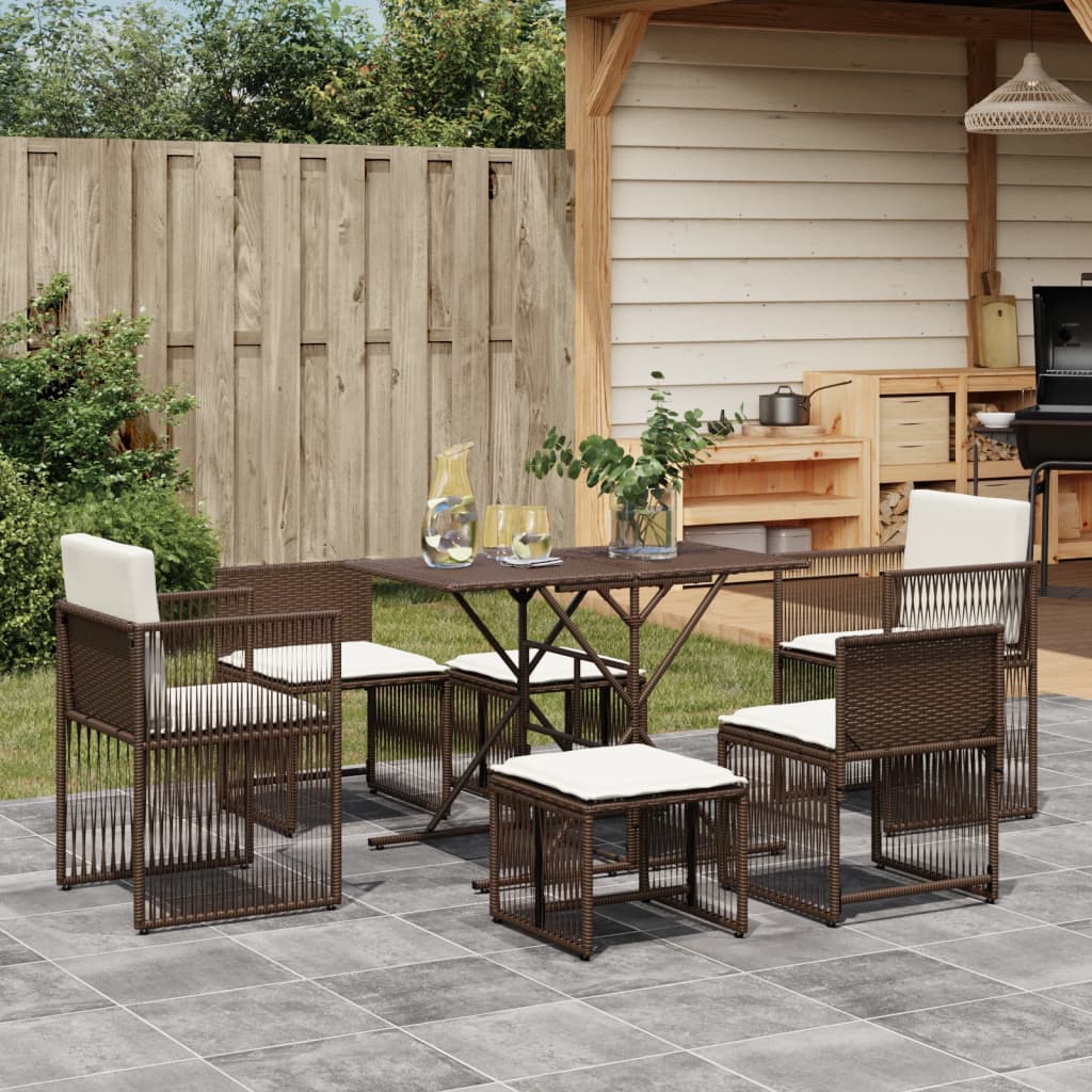 7 Piece Garden Dining Set with Cushions Brown Poly Rattan