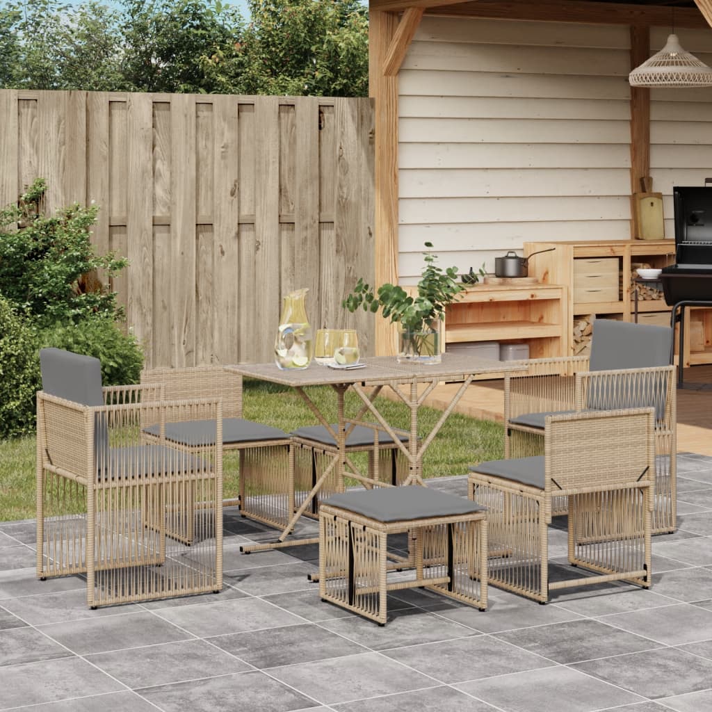 7 Piece Garden Dining Set with Cushions Beige Poly Rattan