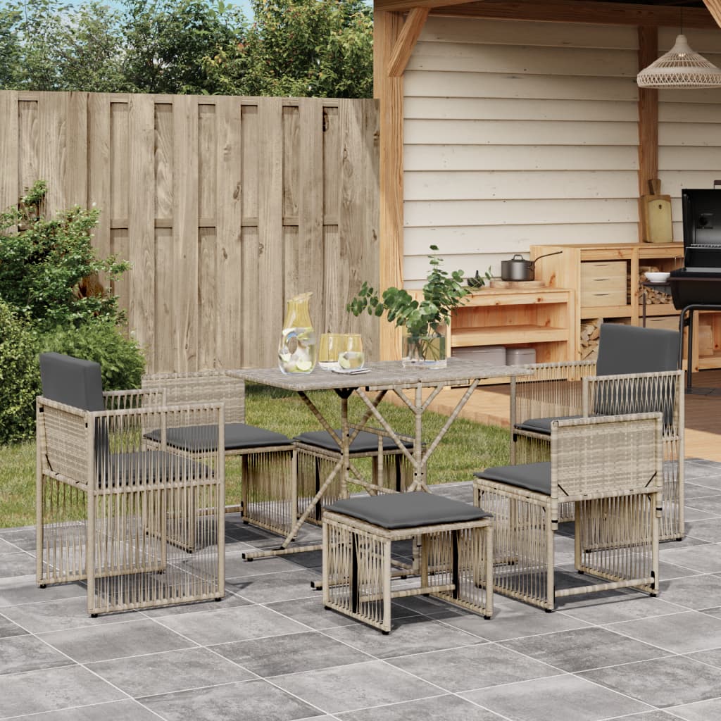 7 Piece Garden Dining Set with Cushions Light Grey Poly Rattan