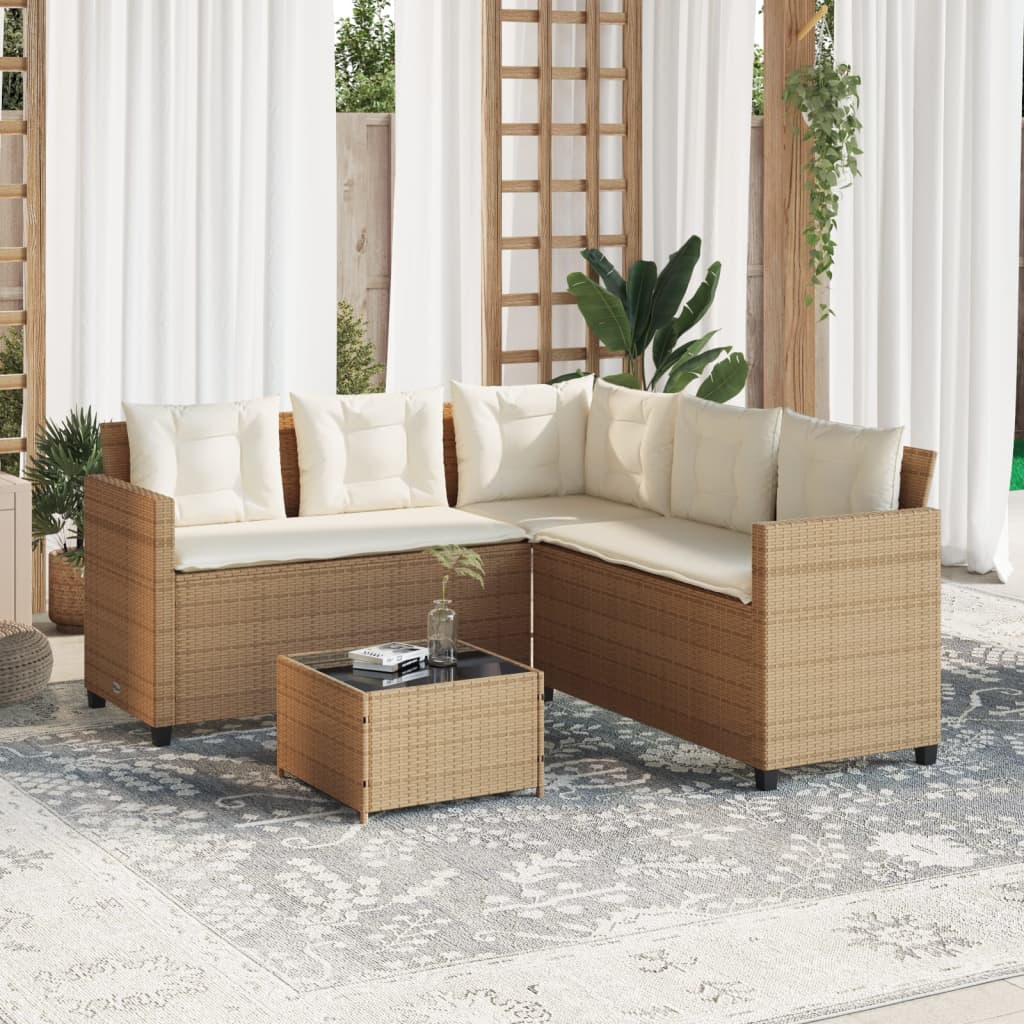 Garden Sofa with Table and Cushions L-Shaped Beige Poly Rattan