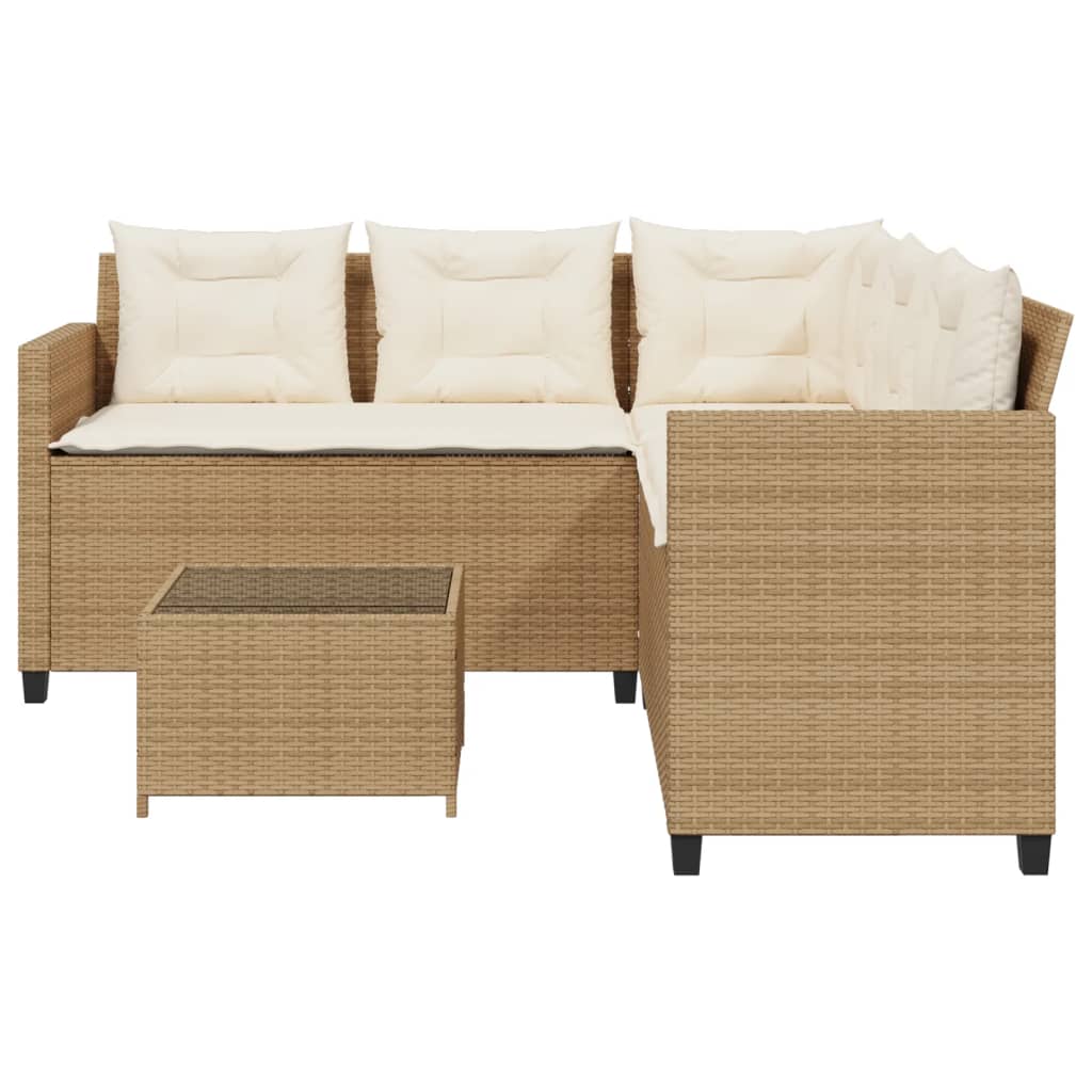 Garden Sofa with Table and Cushions L-Shaped Beige Poly Rattan