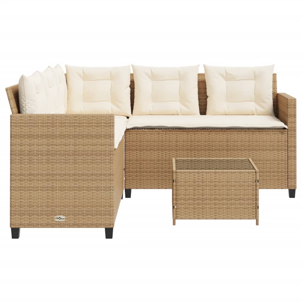 Garden Sofa with Table and Cushions L-Shaped Beige Poly Rattan