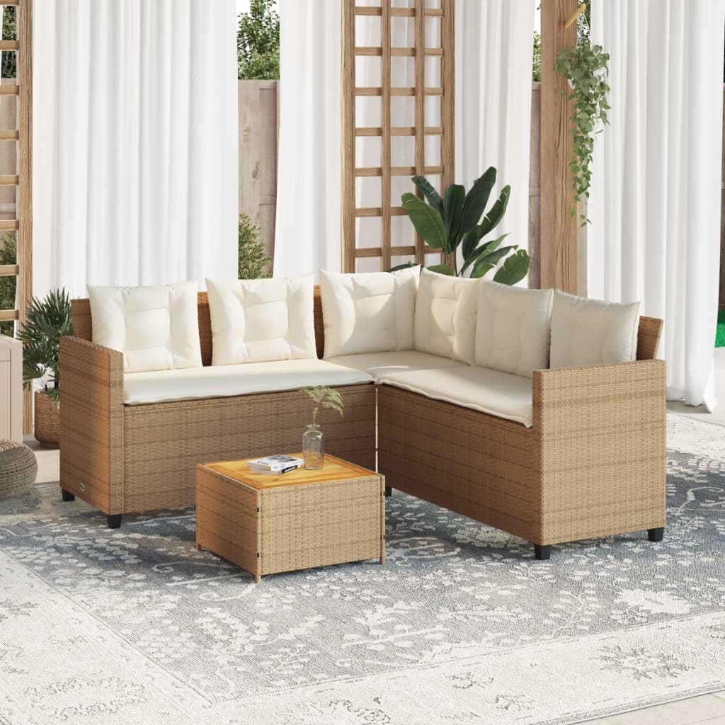 Garden Sofa with Table and Cushions L-Shaped Beige Poly Rattan