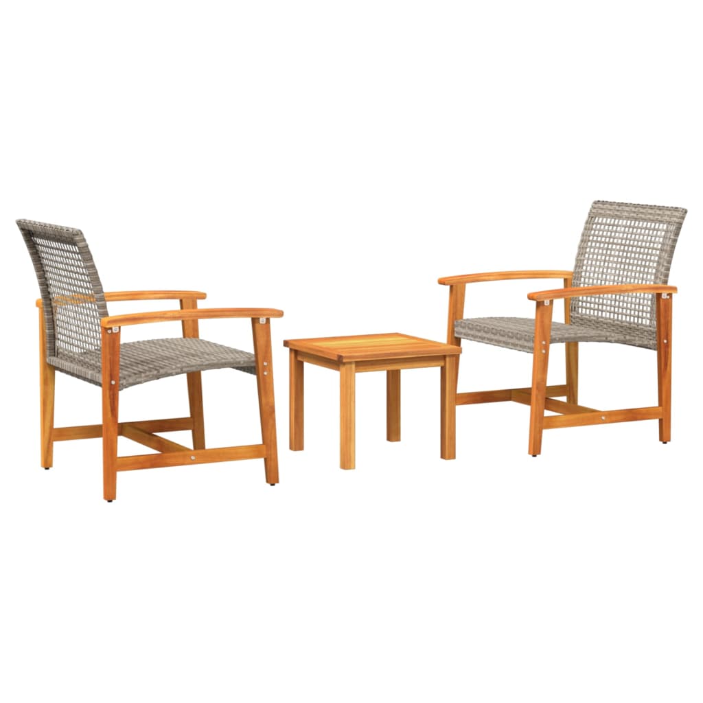 3 Piece Bistro Set Grey Poly Rattan and Acacia Wood