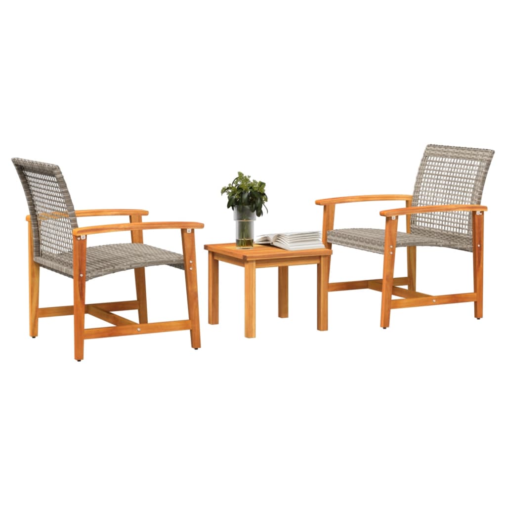 3 Piece Bistro Set Grey Poly Rattan and Acacia Wood